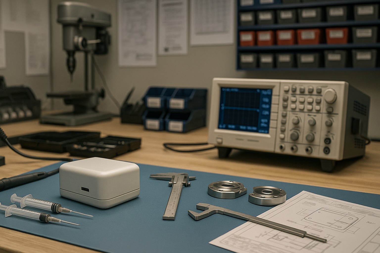Prototyping workbench with 3D-printed enclosure, calipers and oscilloscope in a small hardware lab - MDIN concept feasibility sprint
