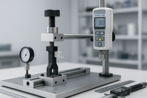 Simple mechanical bench test rig measuring force with a load cell and dial indicator beside printed parts and calipers – MDIN proof-of-concept