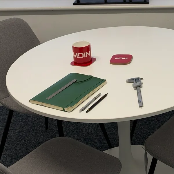 Meeting table with notebook, callipers and MDIN mug in the MDIN meeting room